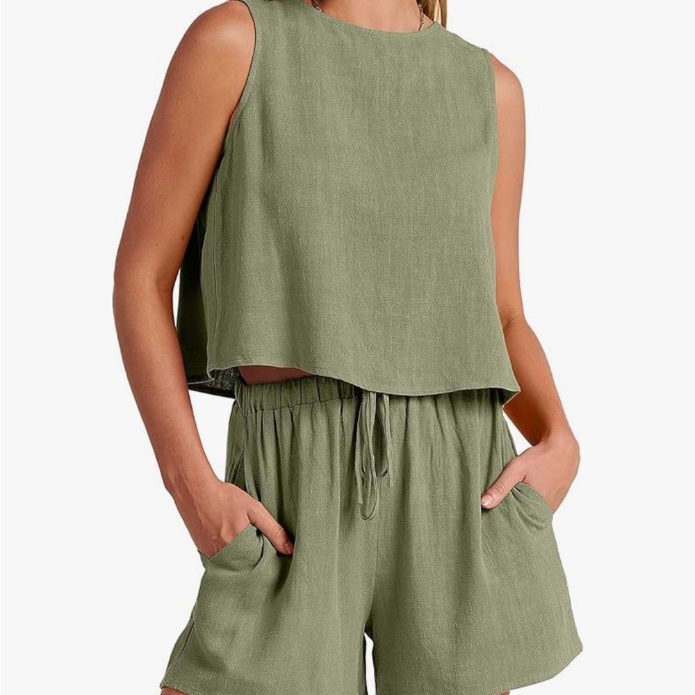 Women’s Summer 2 Piece Linen Shorts Set - Olive